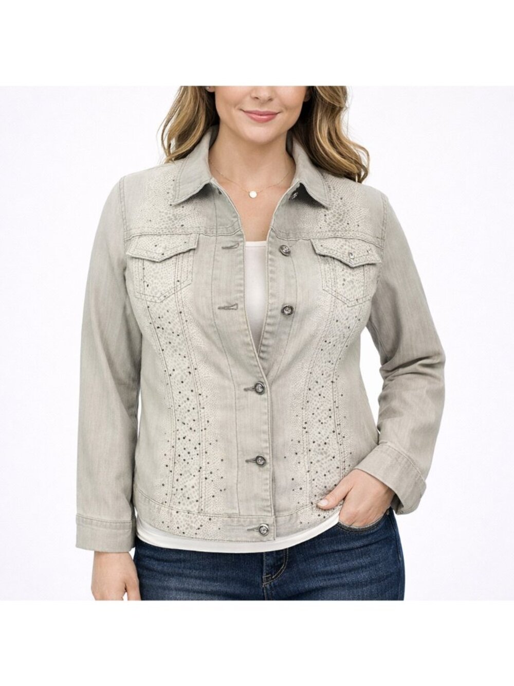 Chicos Platinum Womens Denim Jacket Grey Python Rhinestone Stretch Size 2 | L